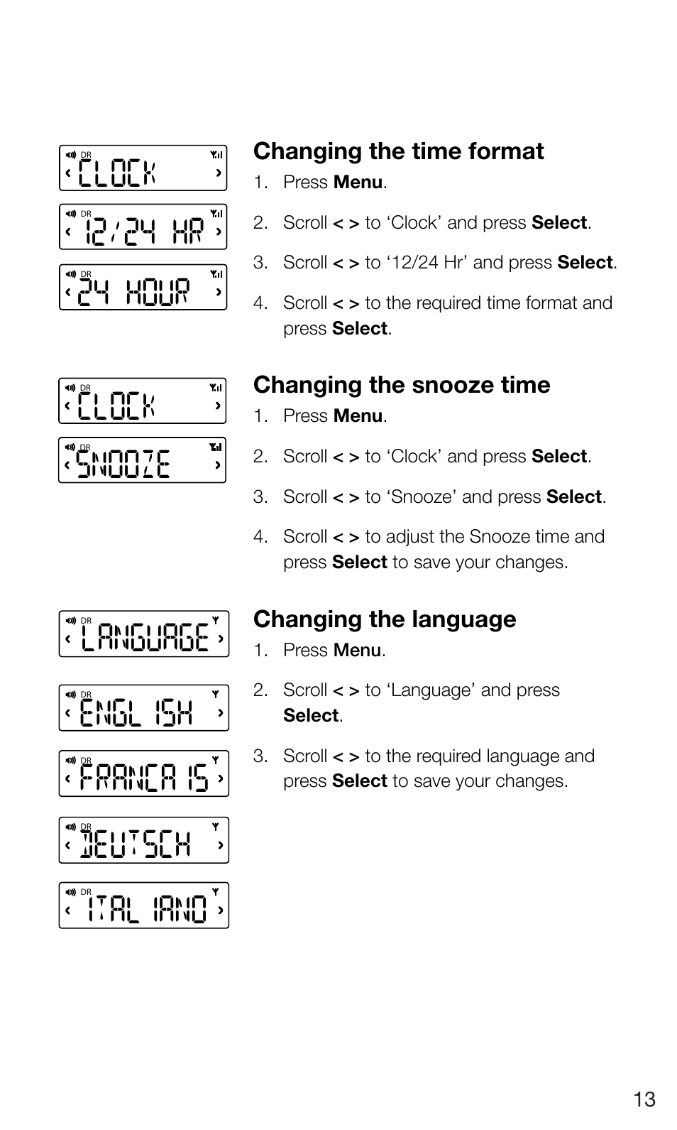 Clock, Francais language english deutsch italiano, Changing the time format | Changing the snooze time, Changing the language | Pure Siesta Mi Series 2 User Manual | Page 15 / 20