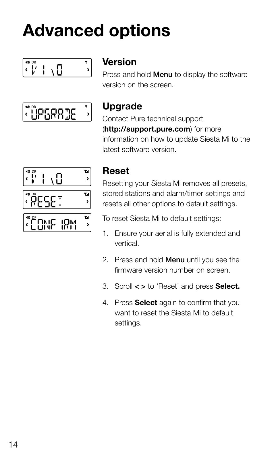 Advanced options, Upgrade, 0upgrade v1 | 0reset confirm | Pure Siesta Mi Series 2 User Manual | Page 16 / 20