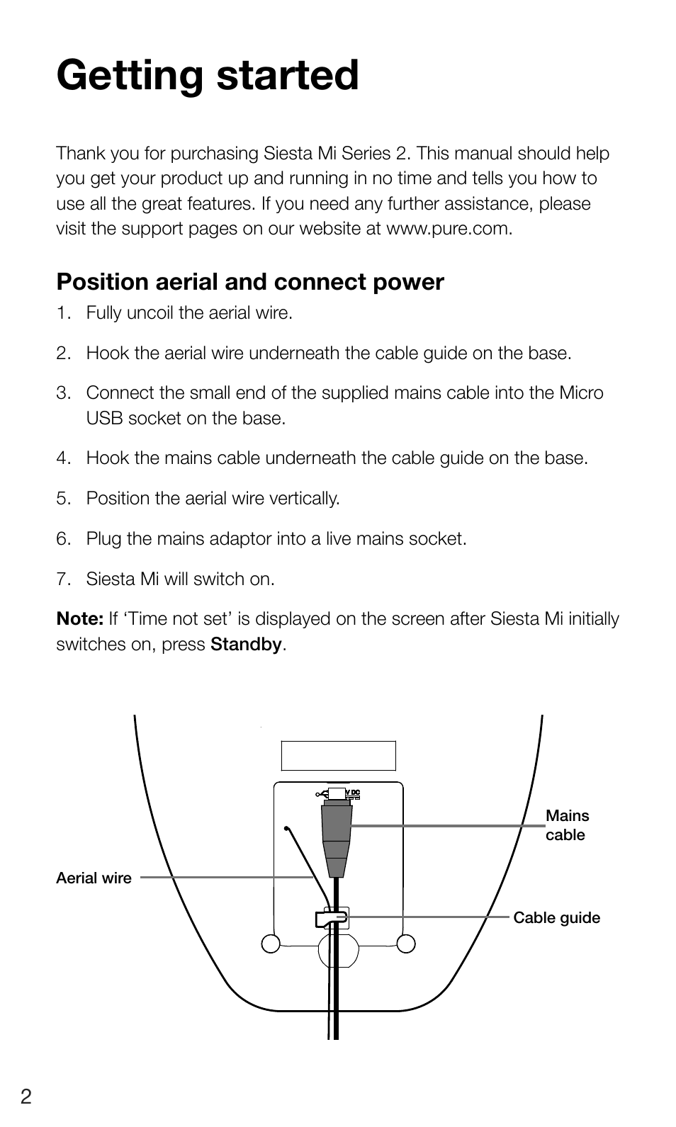 Getting started, Position aerial and connect power | Pure Siesta Mi Series 2 User Manual | Page 4 / 20