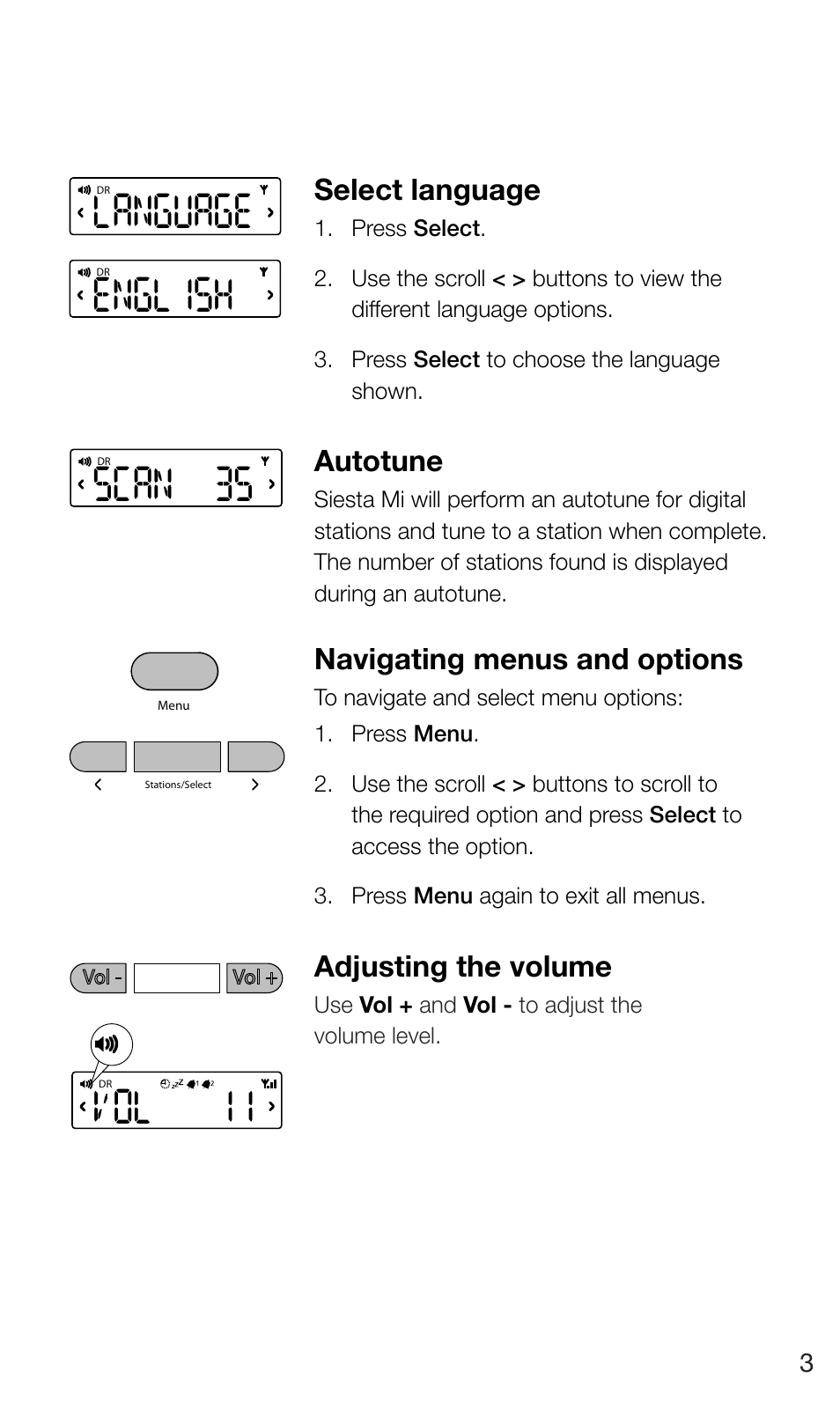 Vol 11, Language english, Scan 35 | Select language, Autotune, Navigating menus and options, Adjusting the volume | Pure Siesta Mi Series 2 User Manual | Page 5 / 20