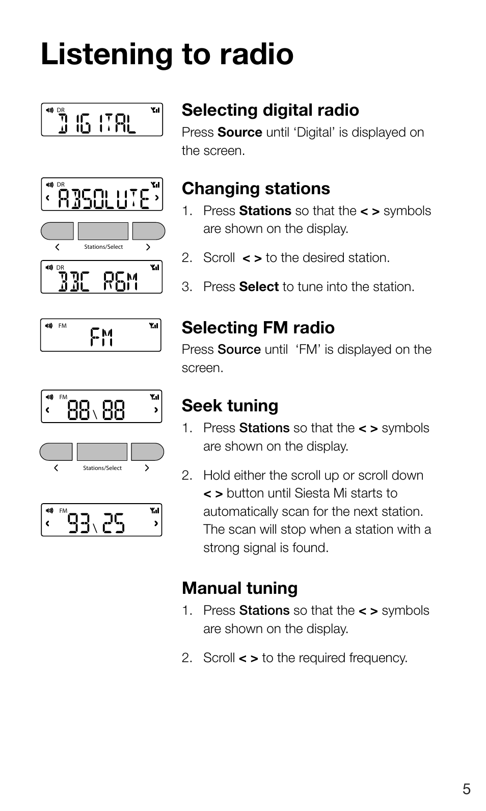 Listening to radio, Digital, Digital absolute bbc r6m | Fm 88 88, Selecting digital radio, Changing stations, Selecting fm radio, Seek tuning, Manual tuning | Pure Siesta Mi Series 2 User Manual | Page 7 / 20
