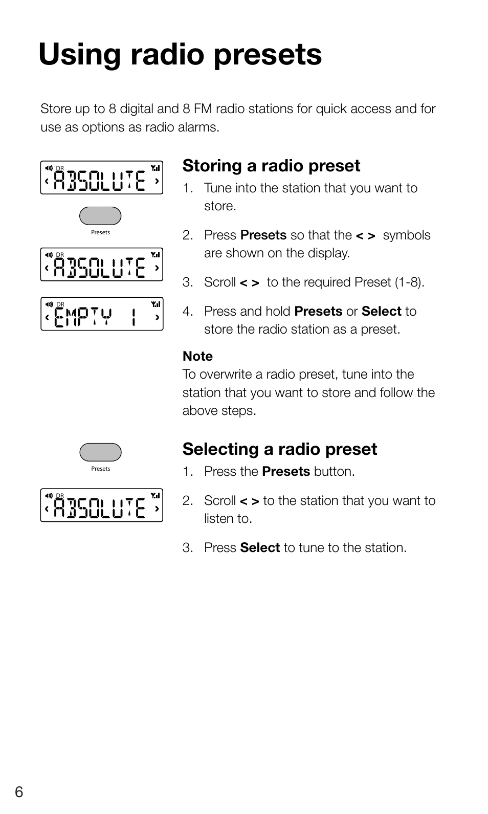 Using radio presets, Absolute, Empty 1 | Storing a radio preset, Selecting a radio preset | Pure Siesta Mi Series 2 User Manual | Page 8 / 20