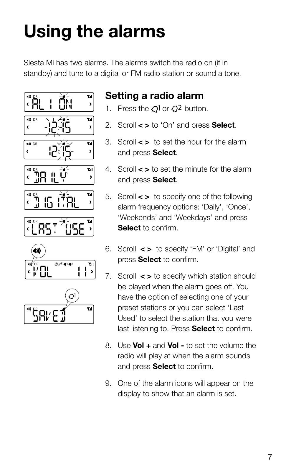 Using the alarms, Daily digital saved, Last use | Vol 11, Setting a radio alarm | Pure Siesta Mi Series 2 User Manual | Page 9 / 20