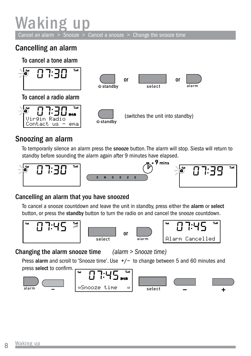 Waking up, Cancelling an alarm, Snoozing an alarm | Cancelling an alarm that you have snoozed, Changing the alarm snooze time, Alarm > snooze time) | Pure Siesta User Manual | Page 10 / 20