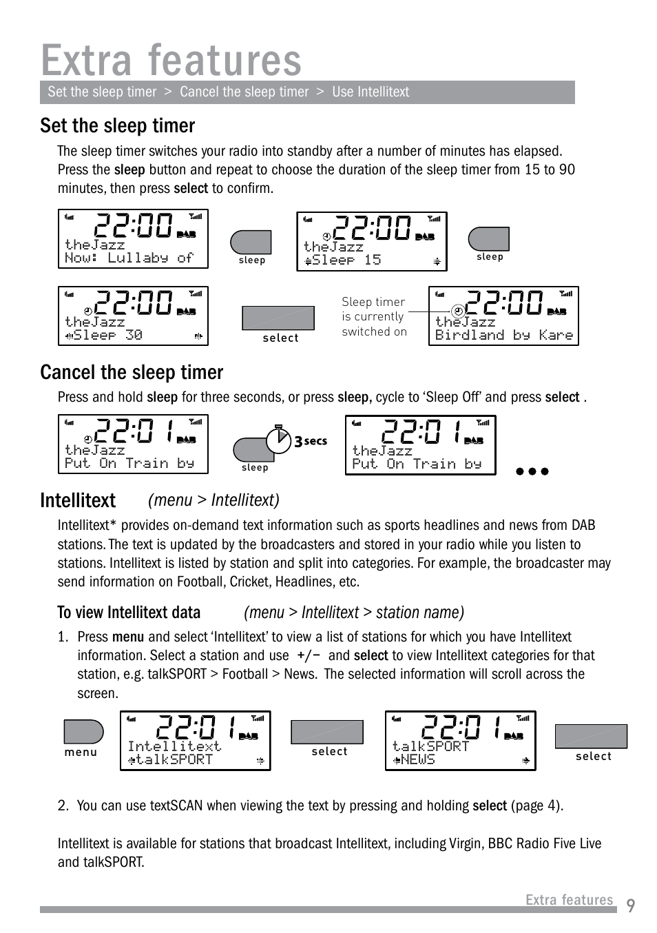 Extra features, Set the sleep timer, Cancel the sleep timer | Intellitext, Mation: intellitext | Pure Siesta User Manual | Page 11 / 20