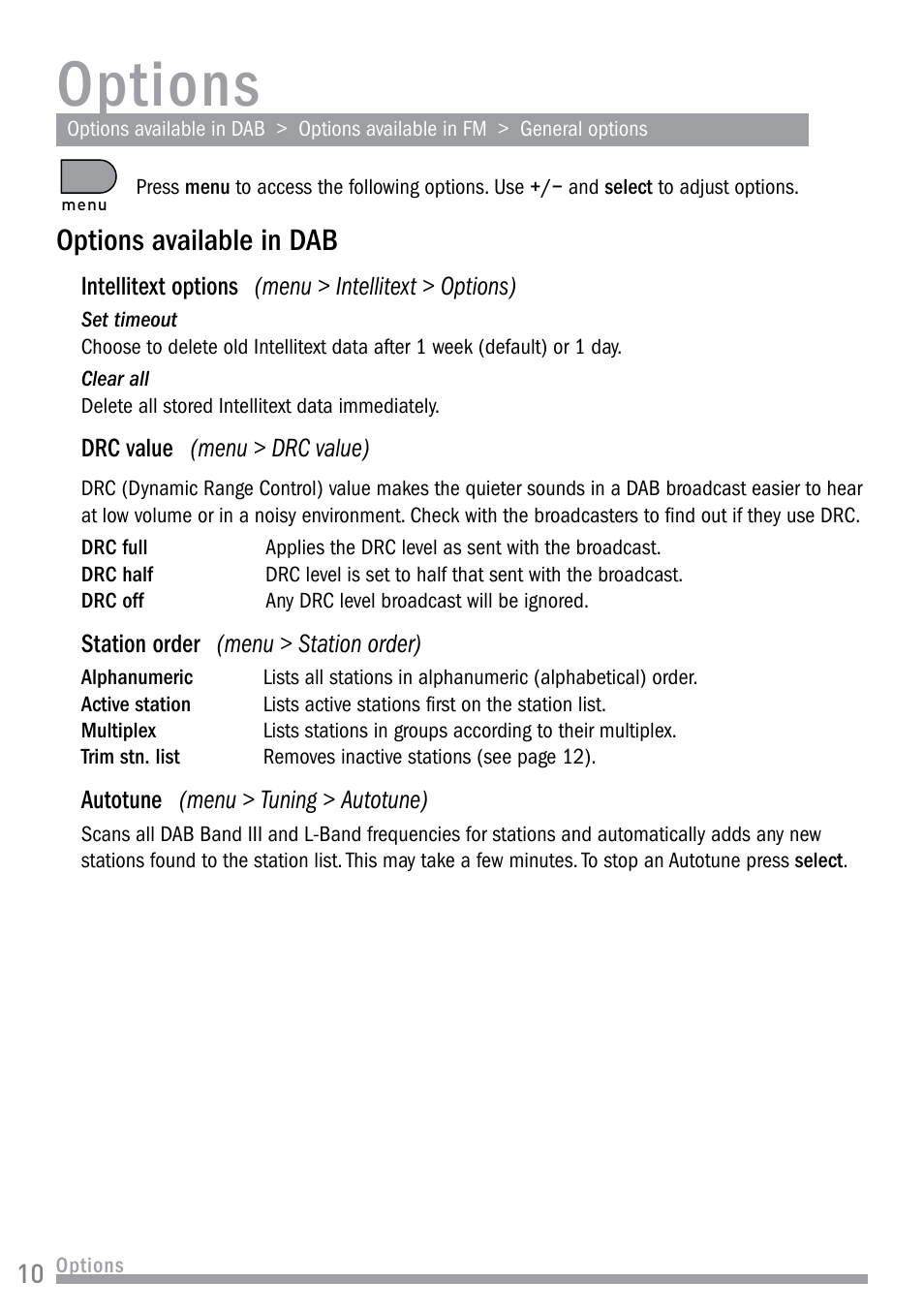 Options, Options available in dab | Pure Siesta User Manual | Page 12 / 20