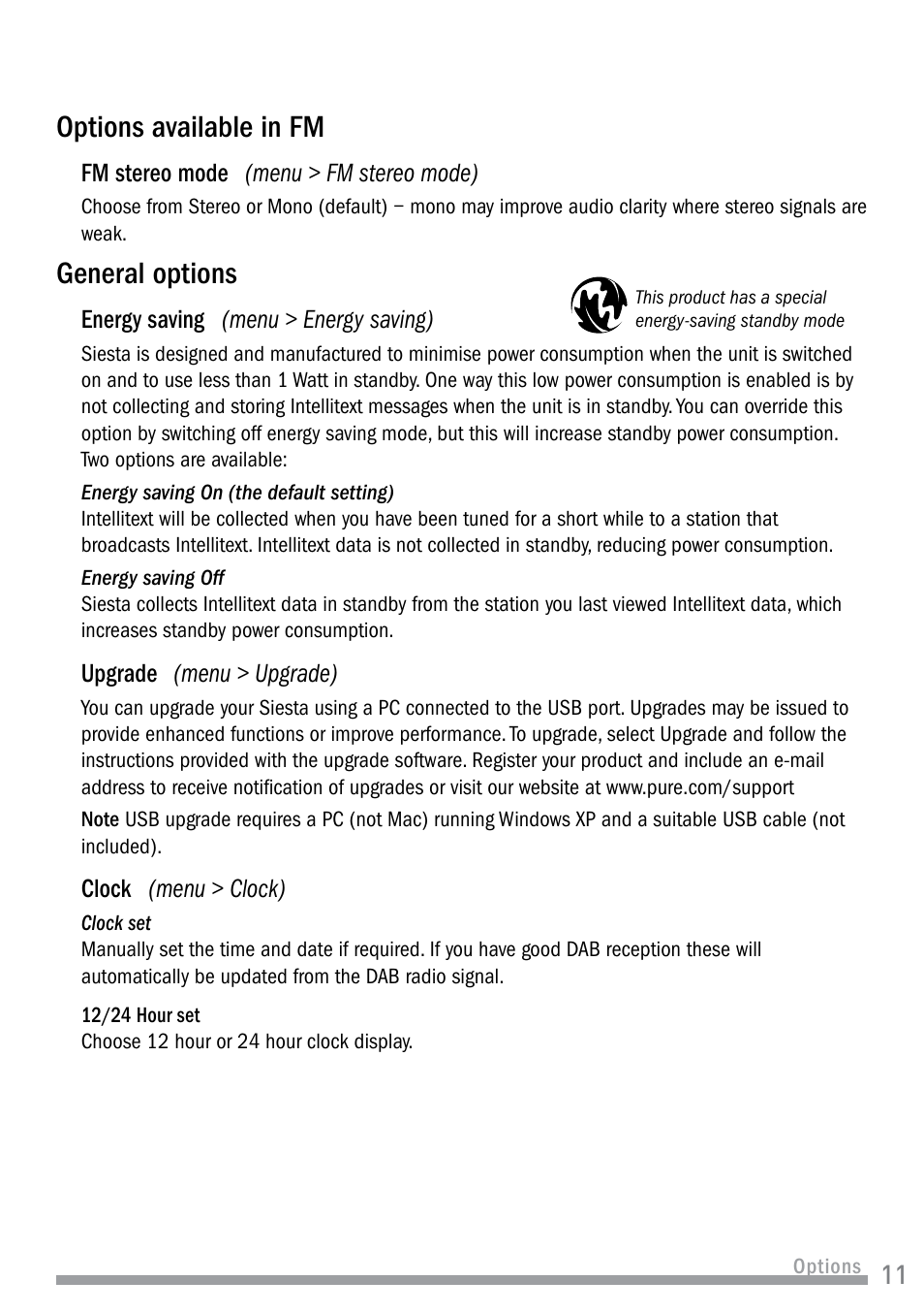Options available in fm, General options, Options available in fm general options | Ving mode | Pure Siesta User Manual | Page 13 / 20