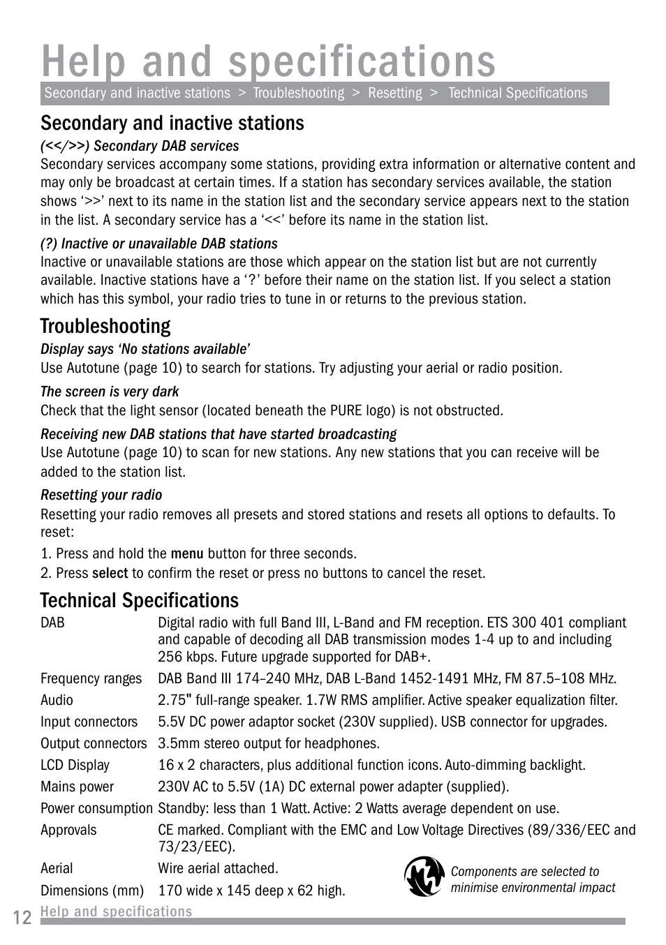 Help and specifications, Secondary and inactive stations, Troubleshooting | Technical specifications | Pure Siesta User Manual | Page 14 / 20