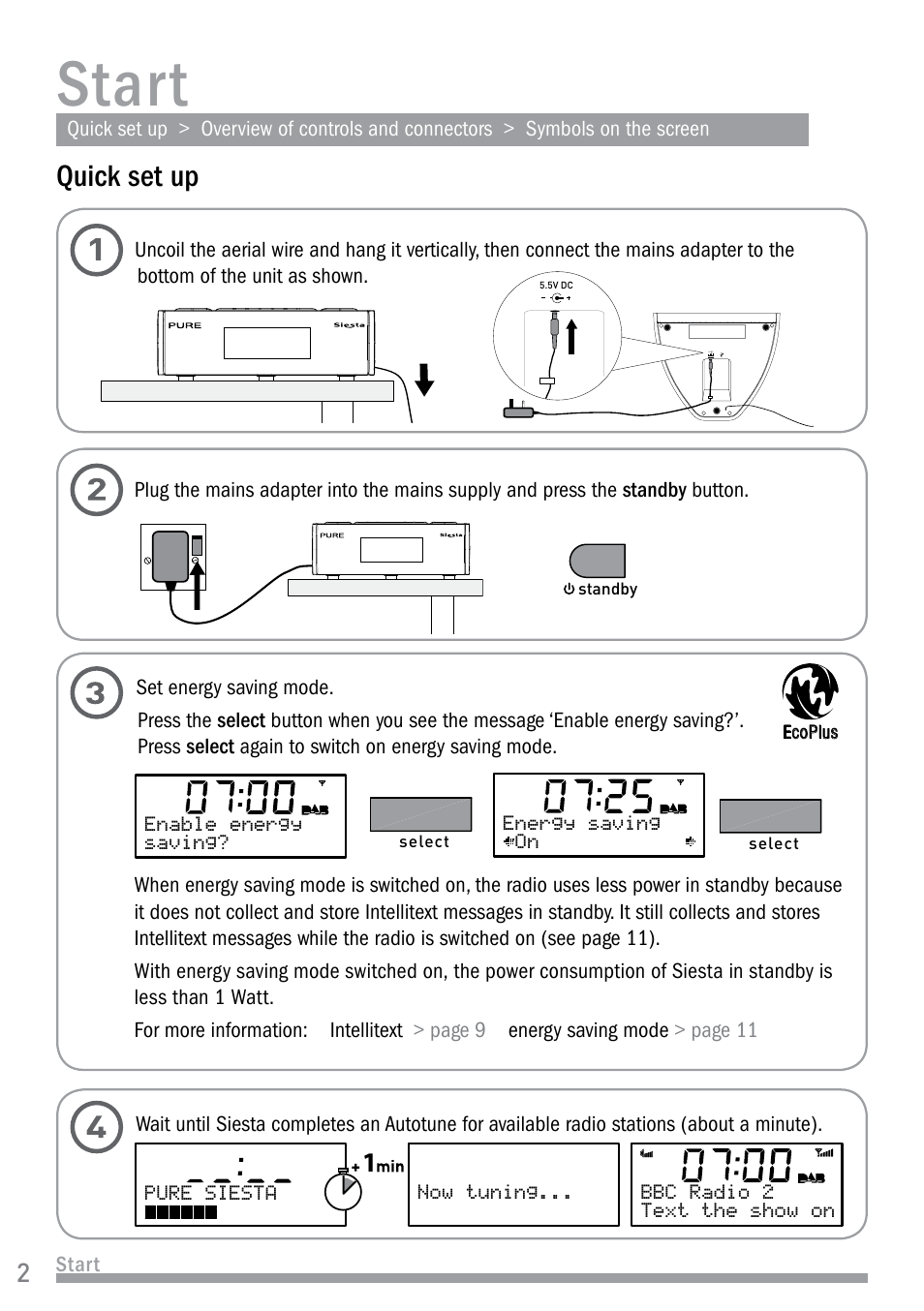 Start, Quick set up | Pure Siesta User Manual | Page 4 / 20