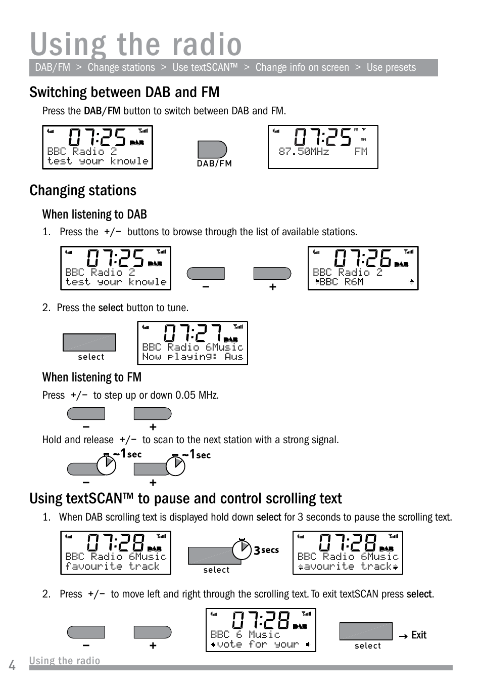 Using the radio, Switching between dab and fm, Changing stations | Pure Siesta User Manual | Page 6 / 20