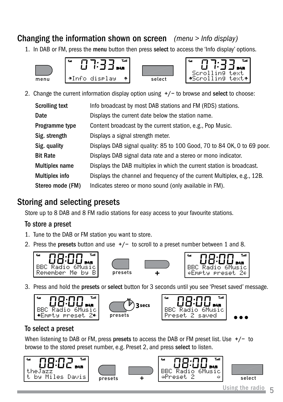 Changing the information shown on screen, Storing and selecting presets, Menu > info display) | Pure Siesta User Manual | Page 7 / 20