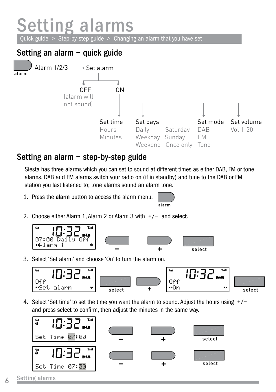 Setting alarms, Setting an alarm − quick guide, Setting an alarm − step-by-step guide | Pure Siesta User Manual | Page 8 / 20
