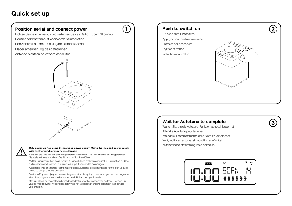 Scan 14, Quick set up, Push to switch on | Wait for autotune to complete, Position aerial and connect power | Pure Pop Mini User Manual | Page 2 / 8