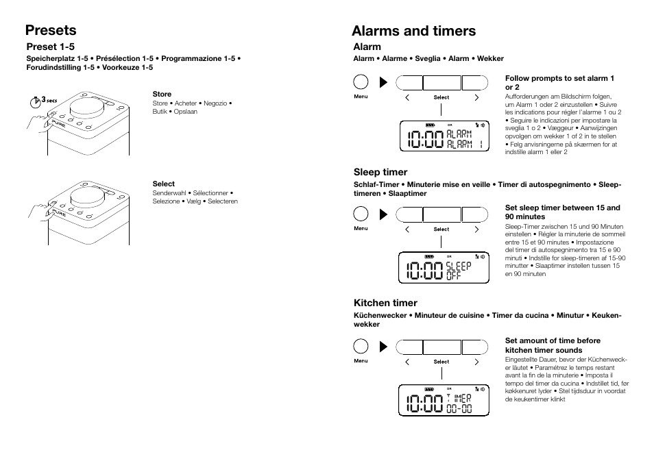 Presets alarms and timers, Preset 1-5, Alarm alarm 1 | Alarm, Sleep off, Sleep timer, Timer 00-00, Kitchen timer, Follow prompts to set alarm 1 or 2, Set sleep timer between 15 and 90 minutes | Pure Pop Mini User Manual | Page 4 / 8