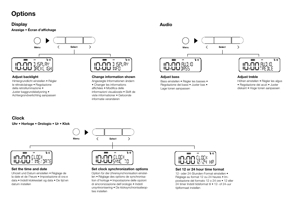 Options, Display backligh, Display | Display info, Clock sync to, Clock, Clock time/date, Clock 12/24 hr, Audio bass, Audio | Pure Pop Mini User Manual | Page 5 / 8