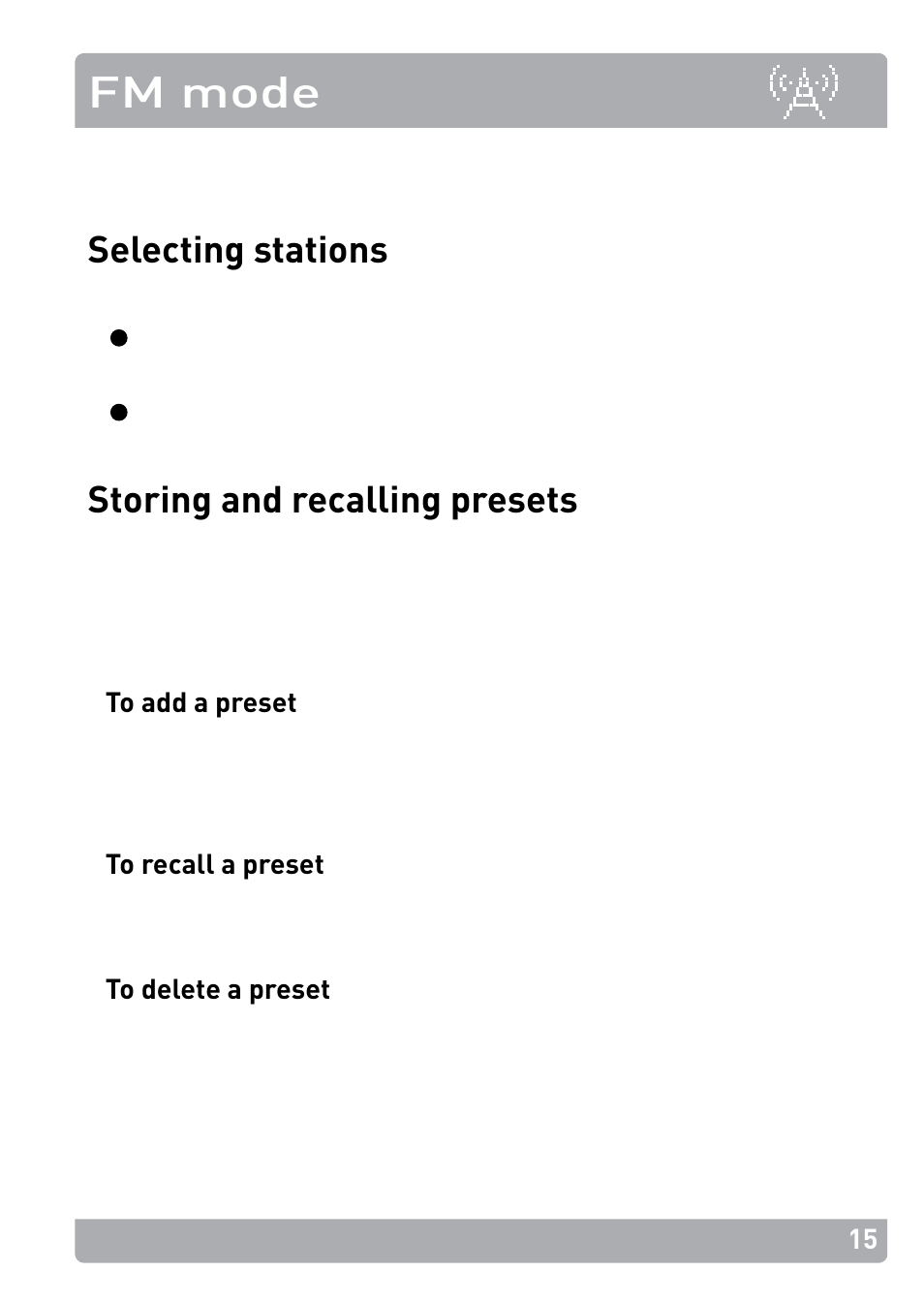 Fm mode, Selecting stations, Storing and recalling presets | Pure PocketDAB 2000 - User Guide User Manual | Page 18 / 31
