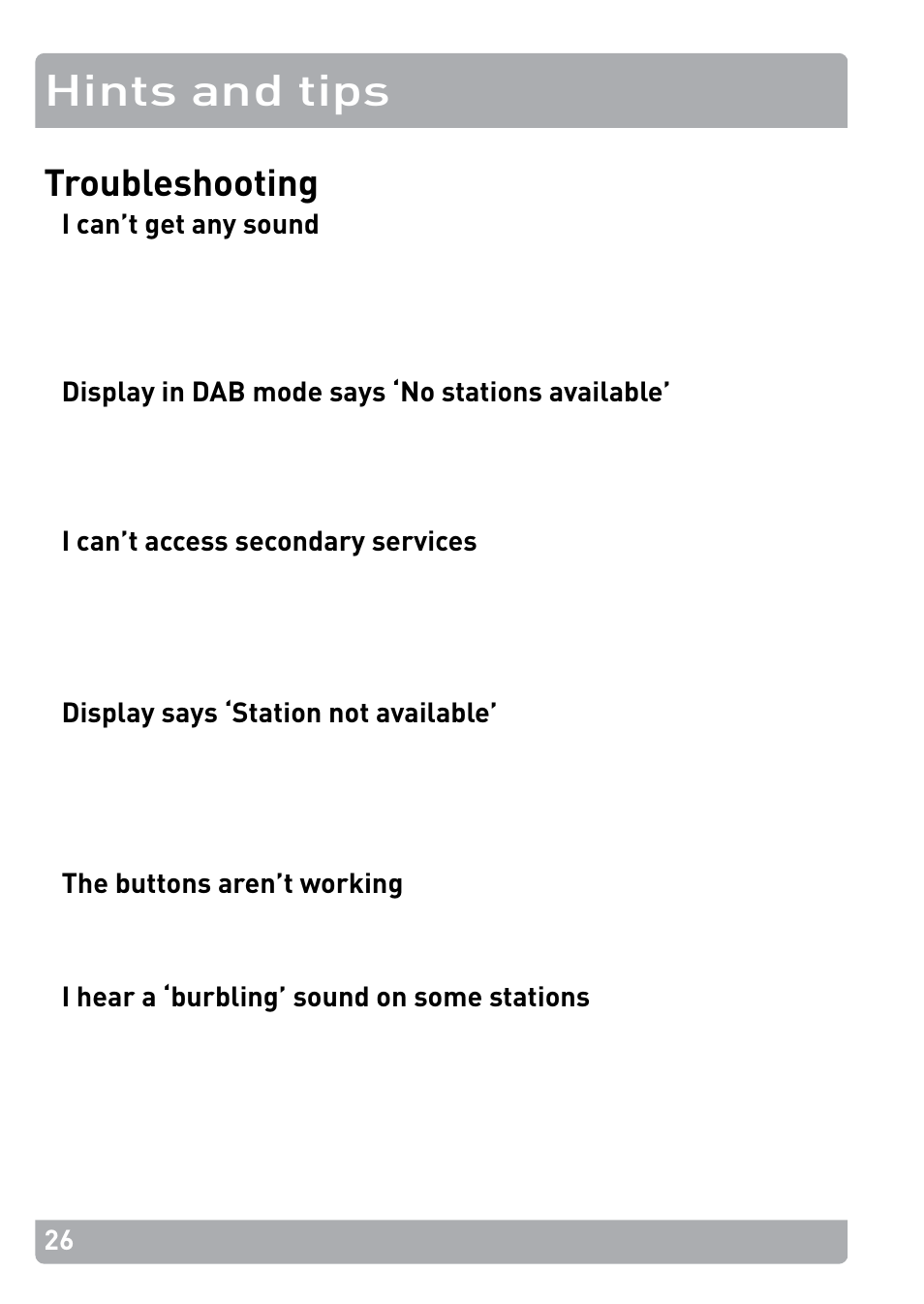 Hints and tips, Troubleshooting | Pure PocketDAB 2000 - User Guide User Manual | Page 29 / 31