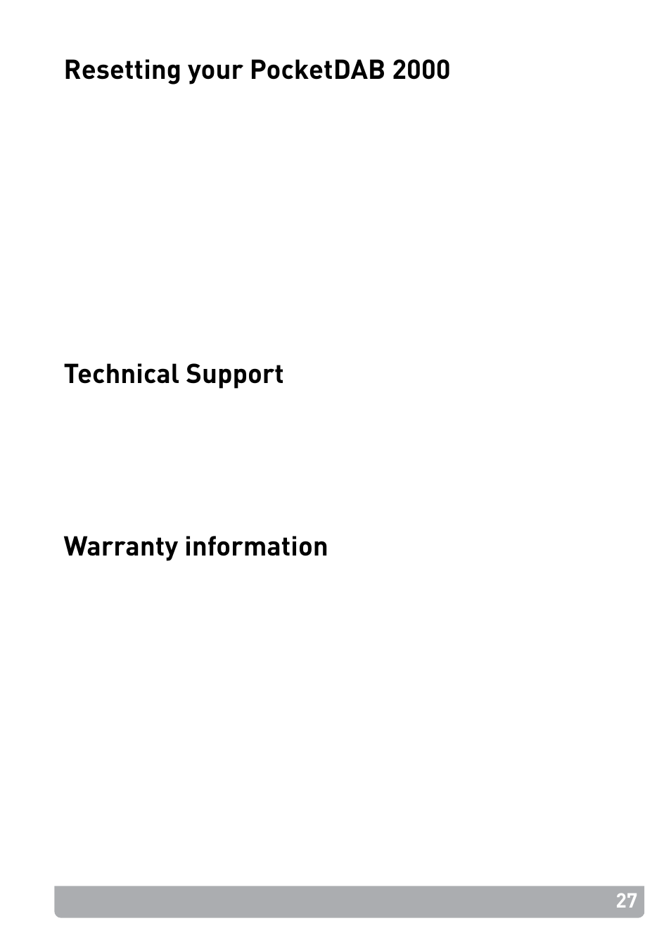 Resetting your pocketdab 2000, Technical support, Warranty information | Pure PocketDAB 2000 - User Guide User Manual | Page 30 / 31