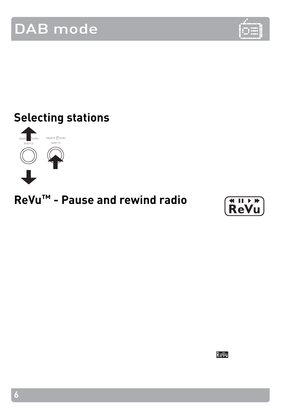 Dab mode, Selecting stations, Revu | Pause and rewind radio | Pure PocketDAB 2000 - User Guide User Manual | Page 9 / 31