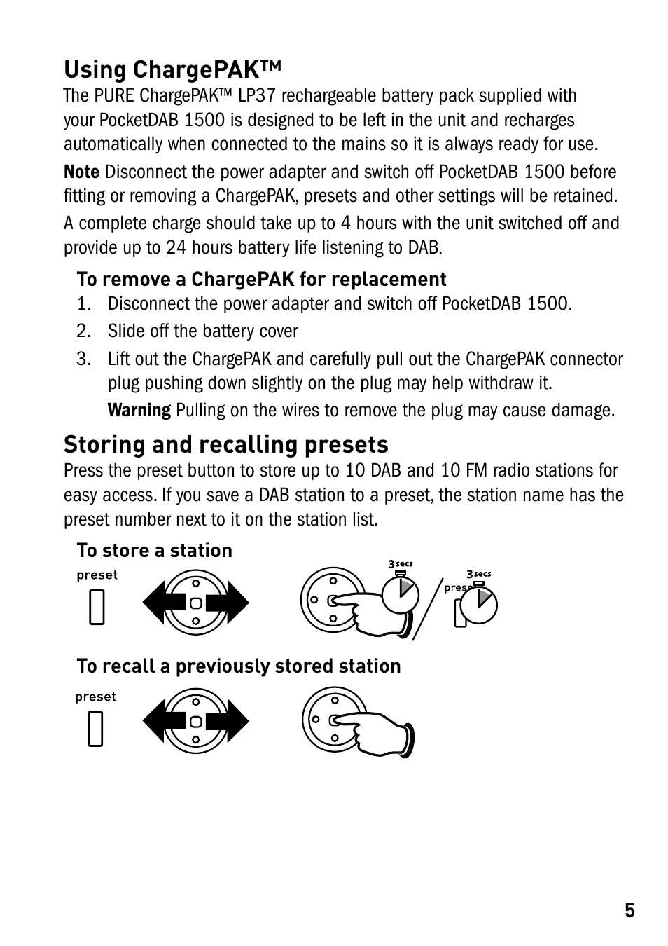 Using chargepak™ storing and recalling presets, Using chargepak, Storing and recalling presets | Pure PocketDAB 1500 User Manual | Page 7 / 14