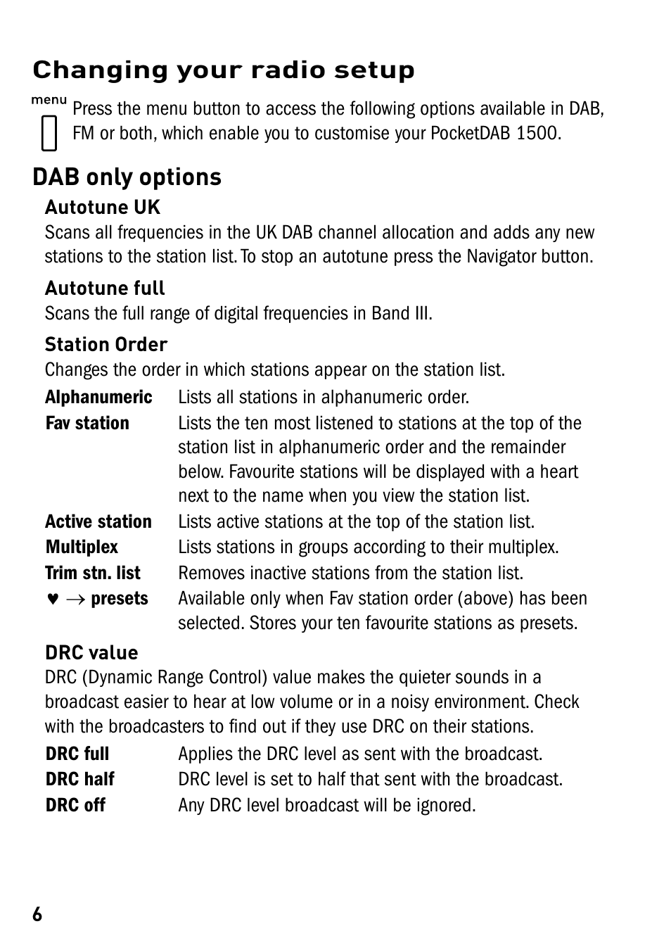 Changing your radio setup, Dab only options fm only options, Dab only options | Pure PocketDAB 1500 User Manual | Page 8 / 14