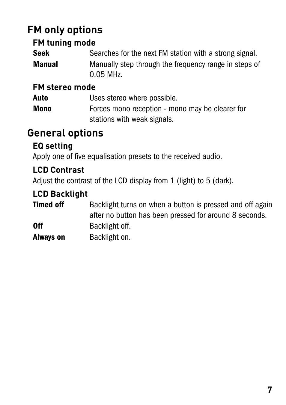 General options, Fm only options | Pure PocketDAB 1500 User Manual | Page 9 / 14