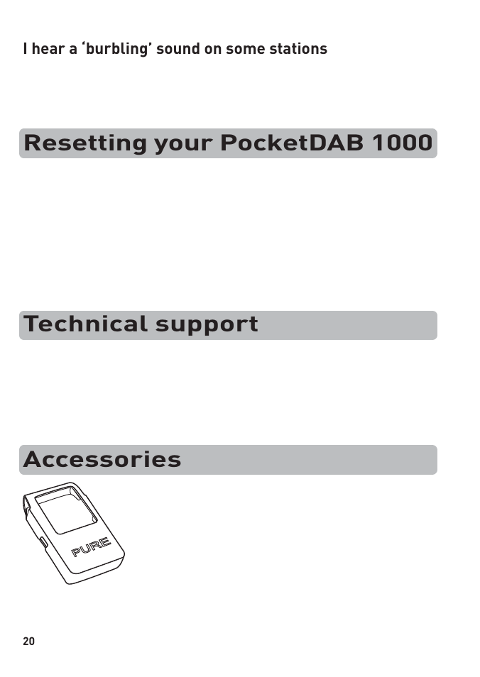 Resetting your pocketdab 1000, Technical support, Accessories | Pure PocketDAB 1000 User Manual | Page 22 / 24