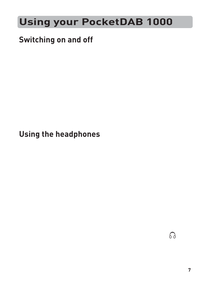 Using your pocketdab 1000, Switching on and off, Using the headphones | Pure PocketDAB 1000 User Manual | Page 9 / 24