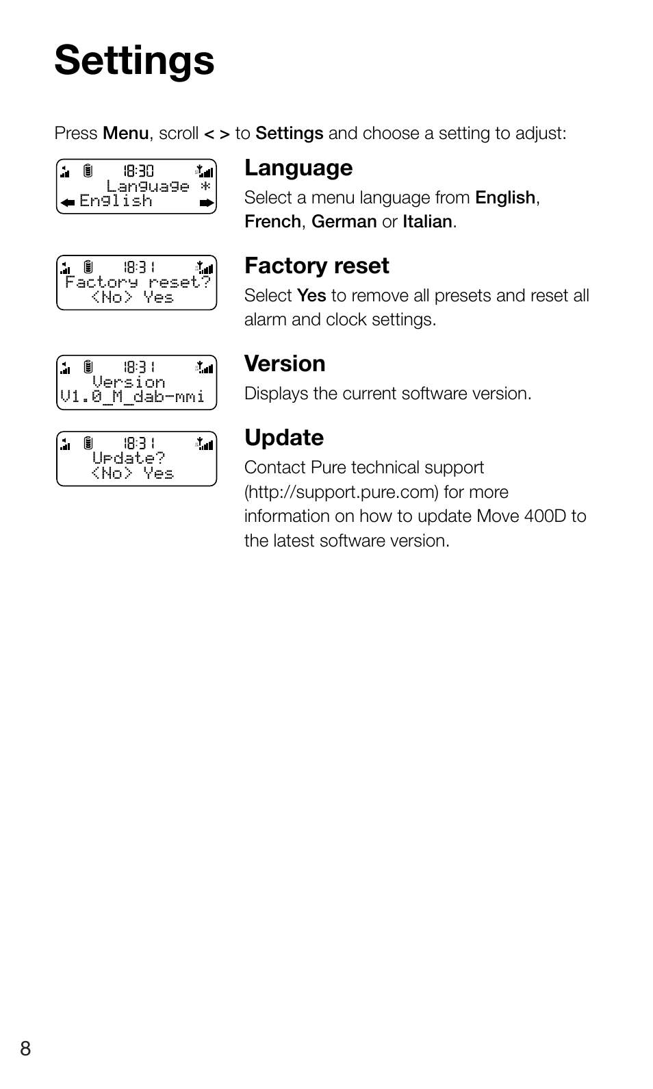 Settings, Language, Factory reset | Version, Update, Displays the current software version | Pure Move 400D User Manual | Page 10 / 20