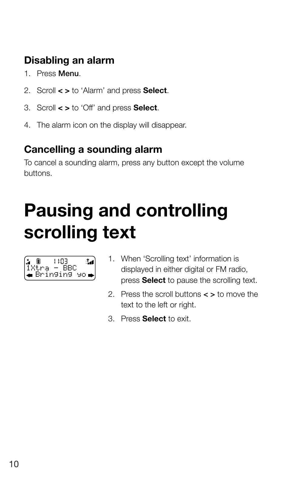 Pausing and controlling scrolling text, Disabling an alarm, Cancelling a sounding alarm | Pure Move 400D User Manual | Page 12 / 20