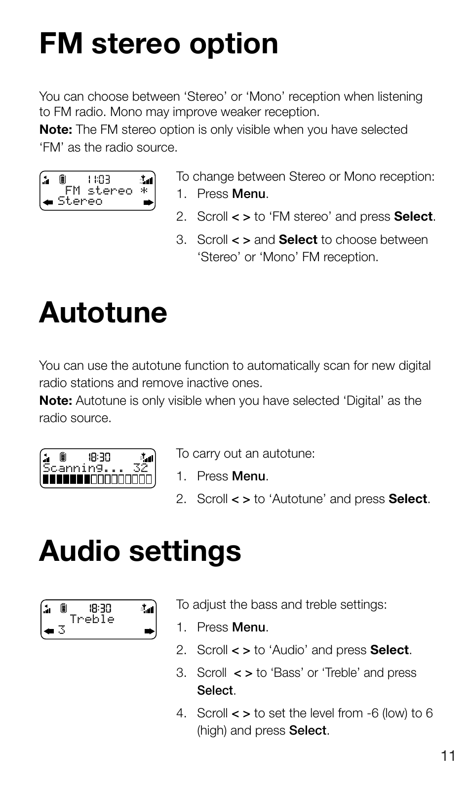 Fm stereo option, Autotune, Audio settings | Pure Move 400D User Manual | Page 13 / 20