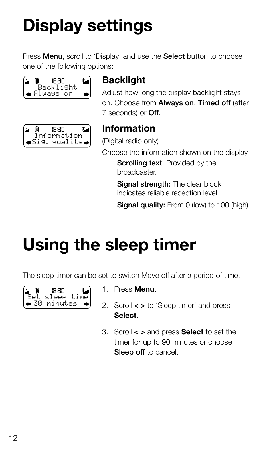 Display settings, Using the sleep timer, Backlight | Information | Pure Move 400D User Manual | Page 14 / 20