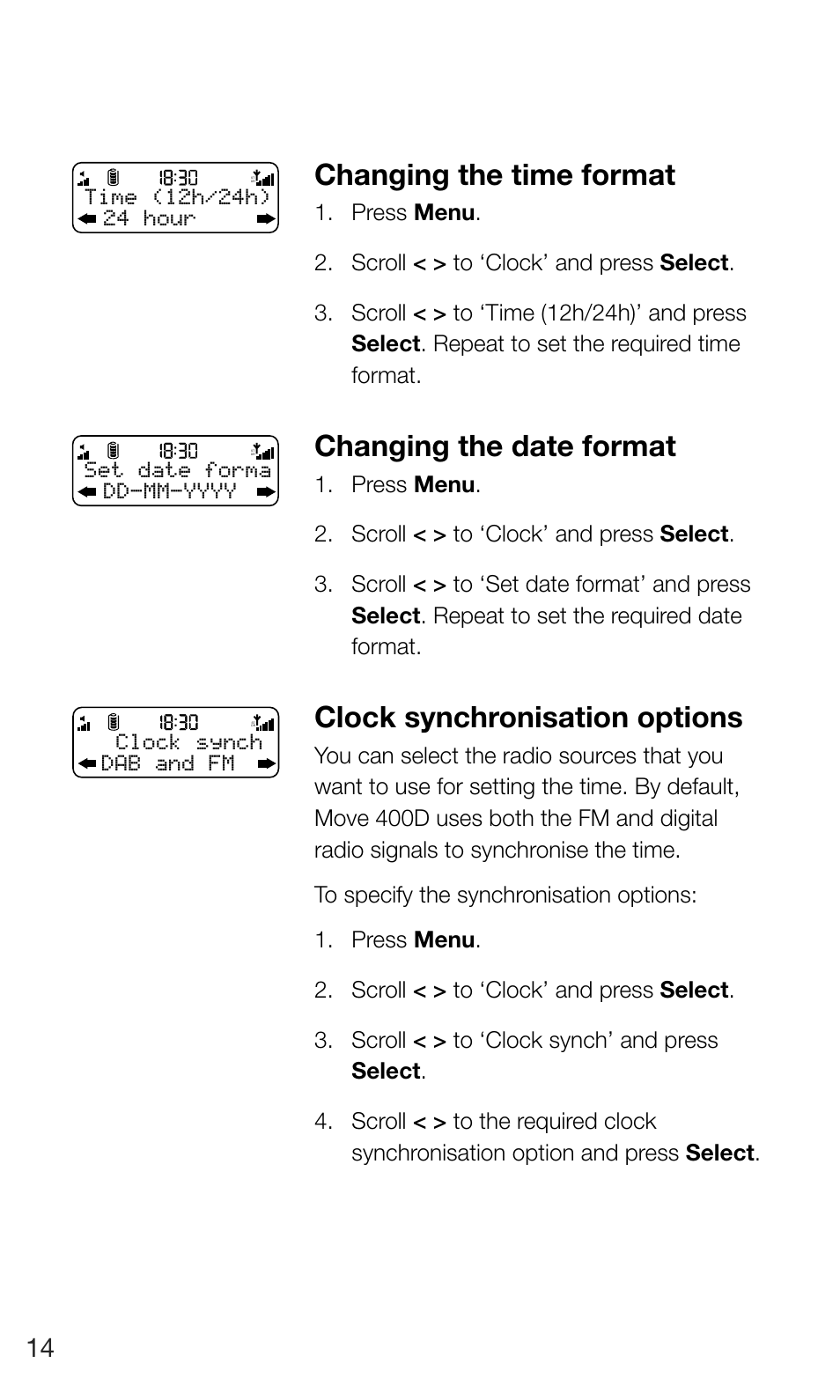 Changing the time format, Changing the date format, Clock synchronisation options | Pure Move 400D User Manual | Page 16 / 20