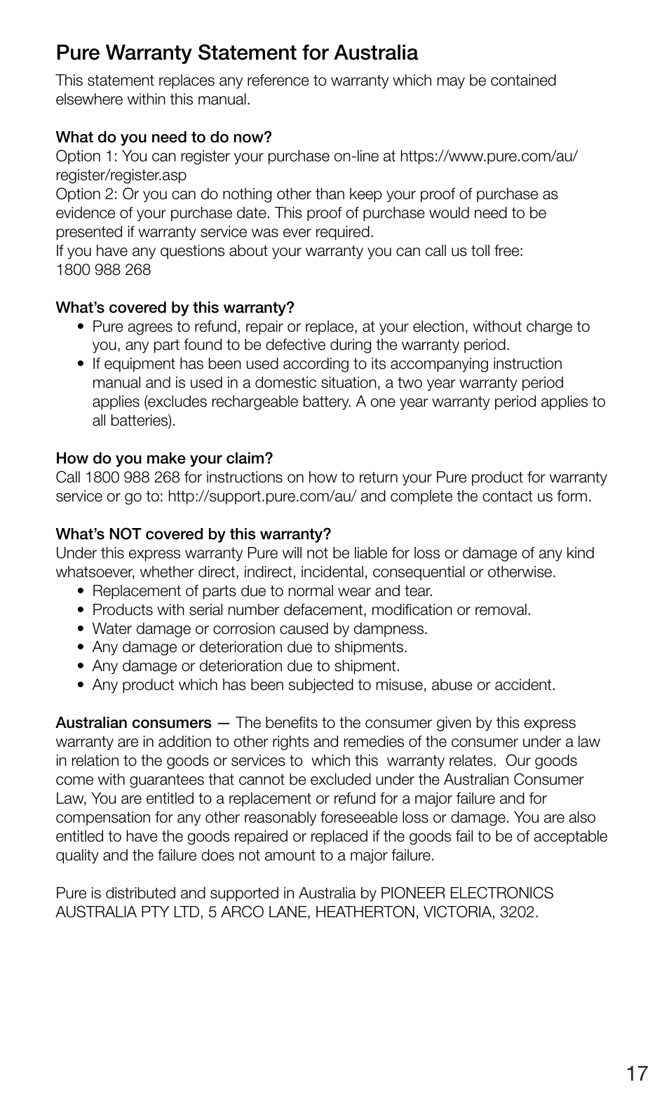 17 pure warranty statement for australia | Pure Move 400D User Manual | Page 19 / 20