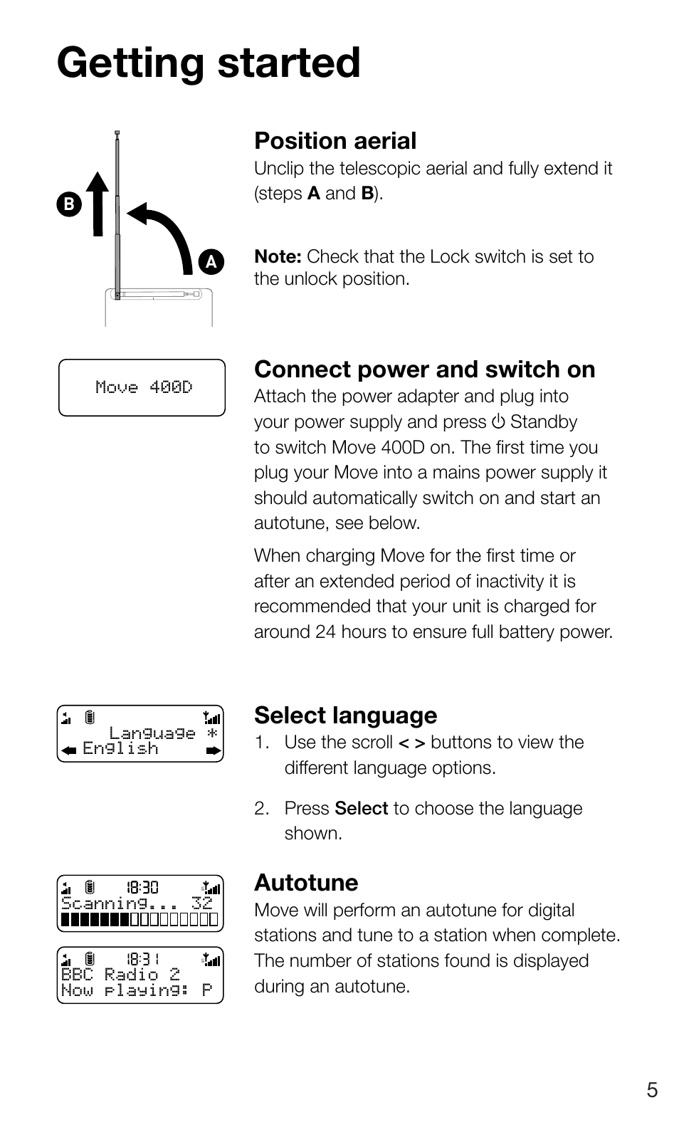 Getting started, Position aerial, Connect power and switch on | Select language, Autotune | Pure Move 400D User Manual | Page 7 / 20