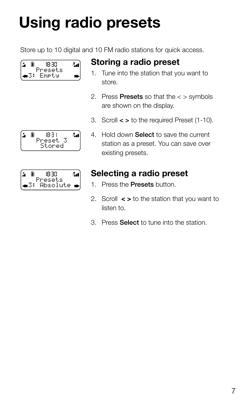 Using radio presets, Storing a radio preset, Selecting a radio preset | Pure Move 400D User Manual | Page 9 / 20