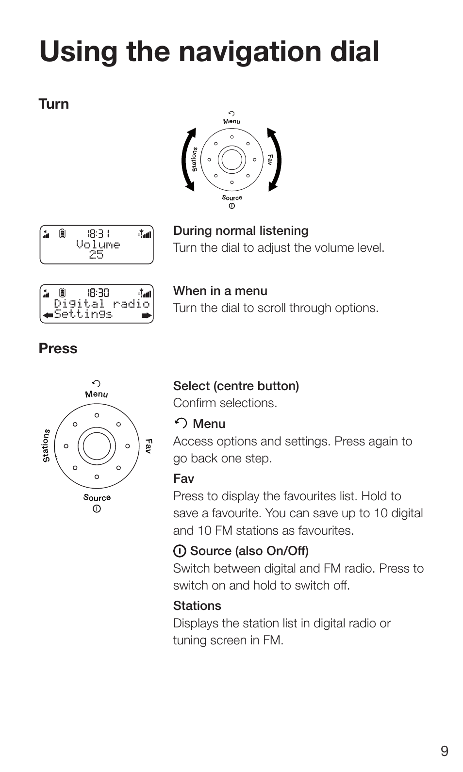 Using the navigation dial, Turn press | Pure Move 2500 User Manual | Page 11 / 20