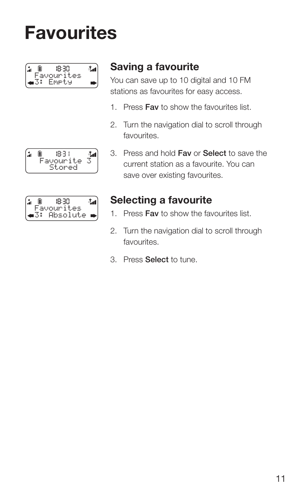 Favourites, Saving a favourite, Selecting a favourite | Pure Move 2500 User Manual | Page 13 / 20