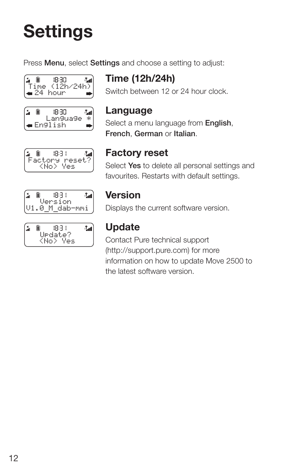 Settings, Time (12h/24h), Language | Factory reset, Version, Update, Switch between 12 or 24 hour clock, Displays the current software version | Pure Move 2500 User Manual | Page 14 / 20