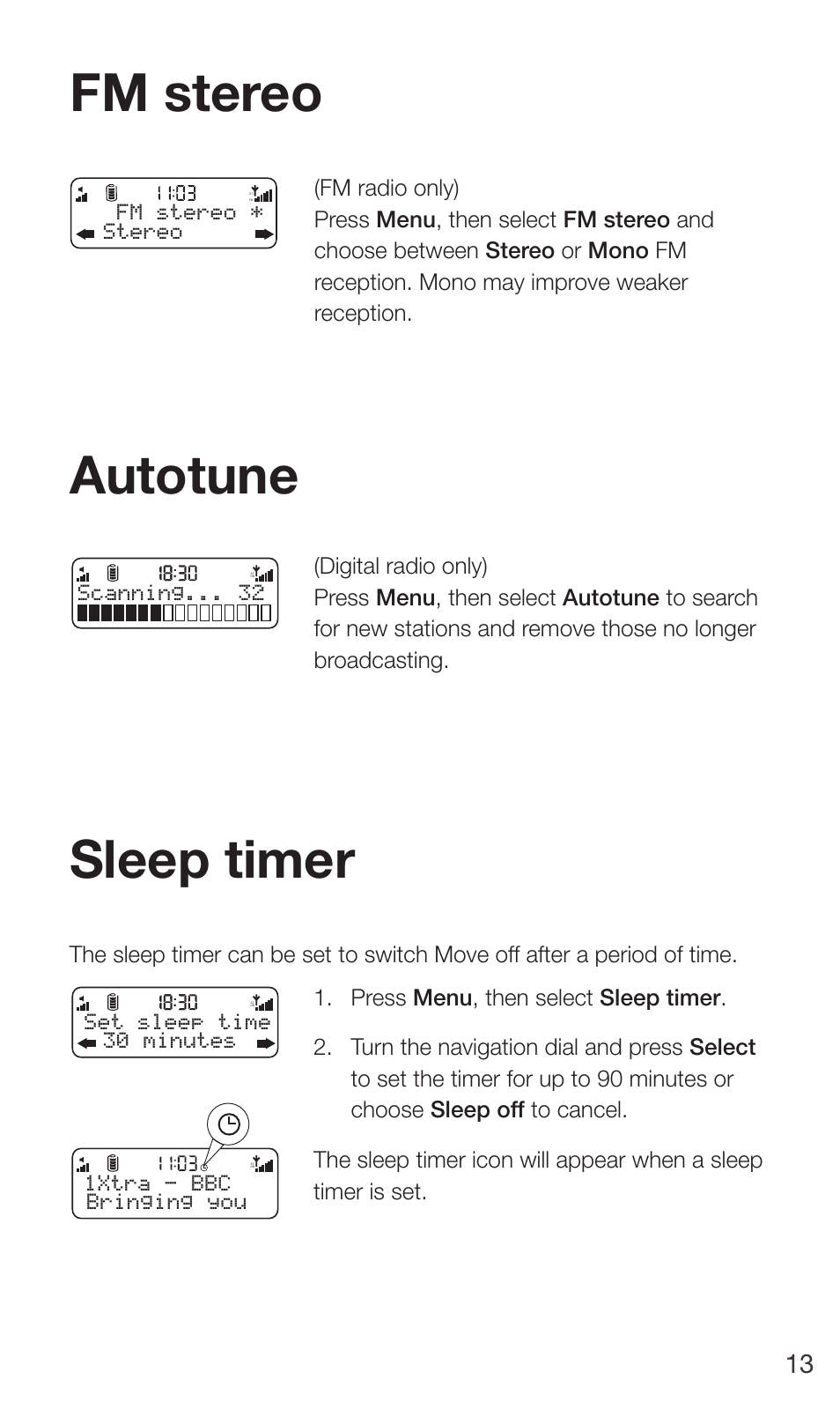 Fm stereo, Autotune, Sleep timer | Pure Move 2500 User Manual | Page 15 / 20