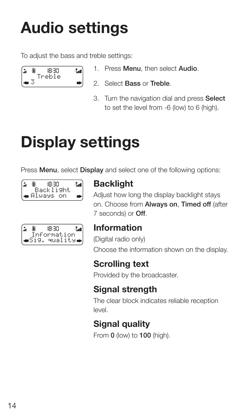 Audio settings, Display settings, Backlight | Information, Scrolling text, Signal strength, Signal quality | Pure Move 2500 User Manual | Page 16 / 20