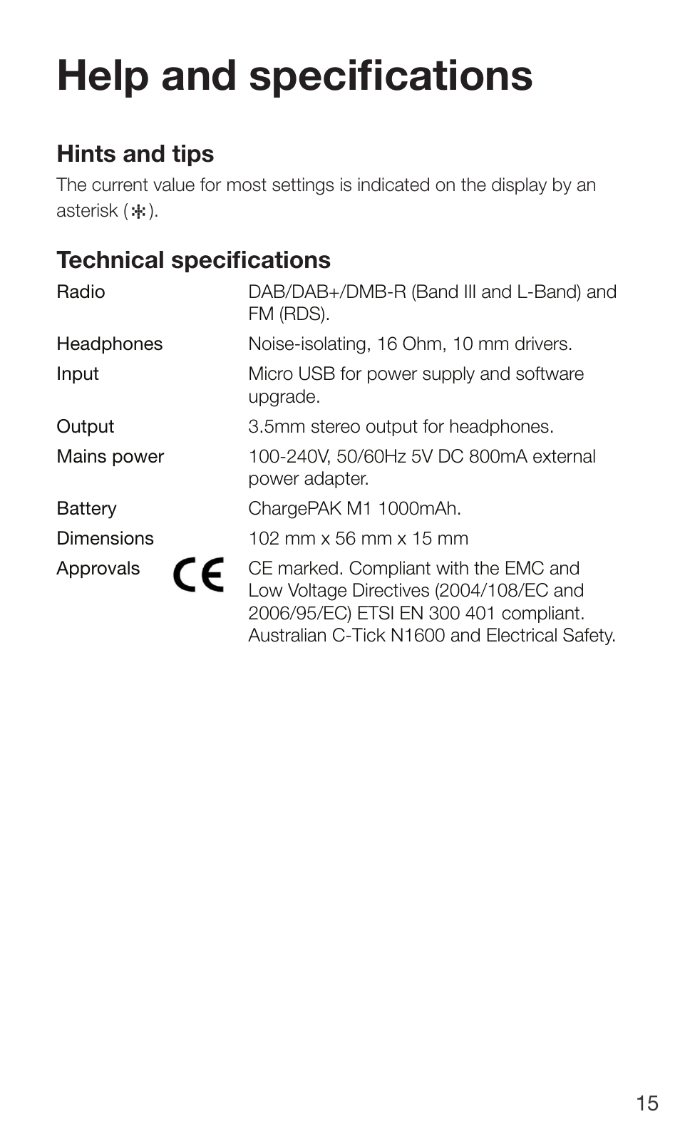 Help and specifications, Hints and tips, Technical specifications | Pure Move 2500 User Manual | Page 17 / 20