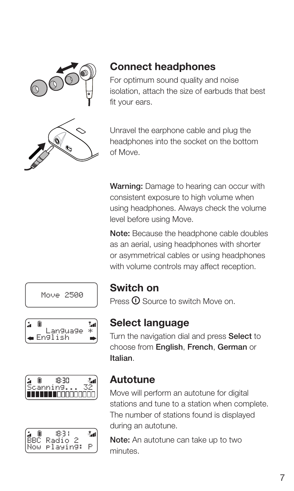 Connect headphones, Switch on, Select language | Autotune | Pure Move 2500 User Manual | Page 9 / 20