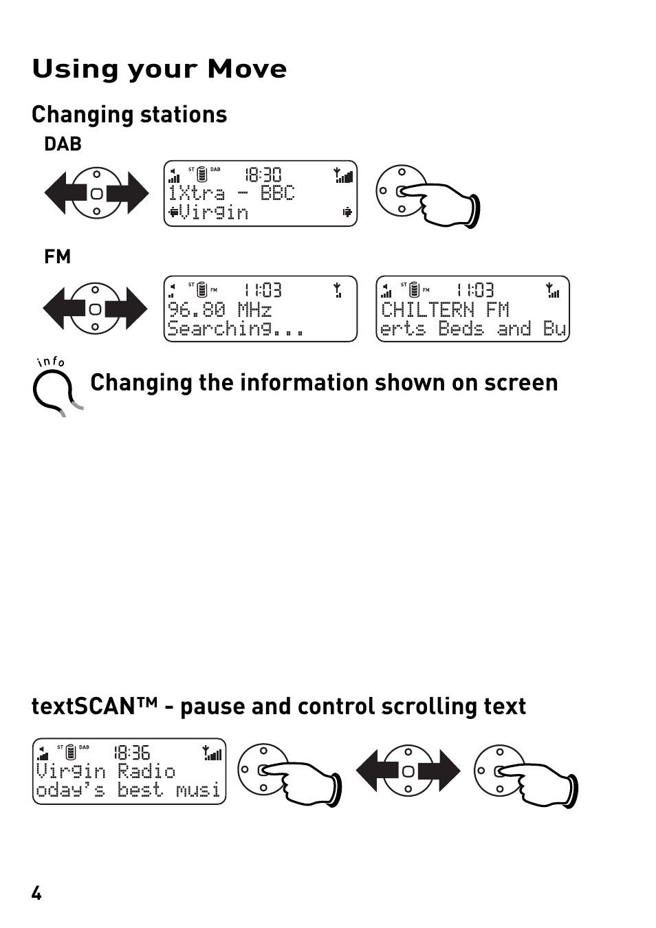 Using your move, Changing stations, Changing the information shown on screen | Textscan™ - pause and control scrolling text | Pure MOVE User Manual | Page 6 / 14