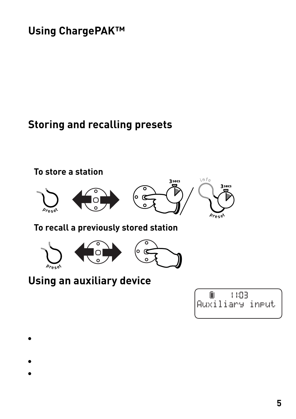 Using chargepak, Storing and recalling presets, Using an auxiliary device | Pure MOVE User Manual | Page 7 / 14