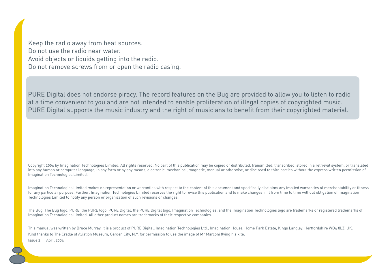 Safety instructions, Recording music | Pure BUG User Manual | Page 2 / 36