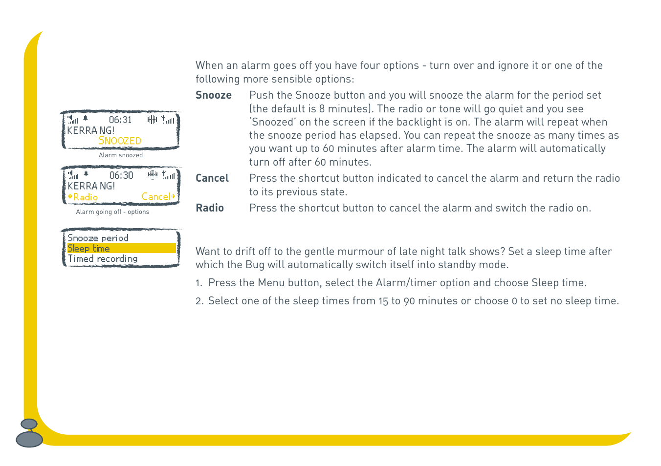 Cancelling alarms, Using the sleep function | Pure BUG User Manual | Page 22 / 36