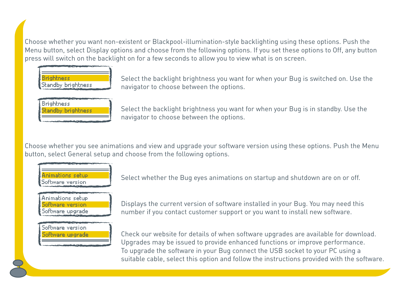 Display backlight options, General setup options | Pure BUG User Manual | Page 28 / 36