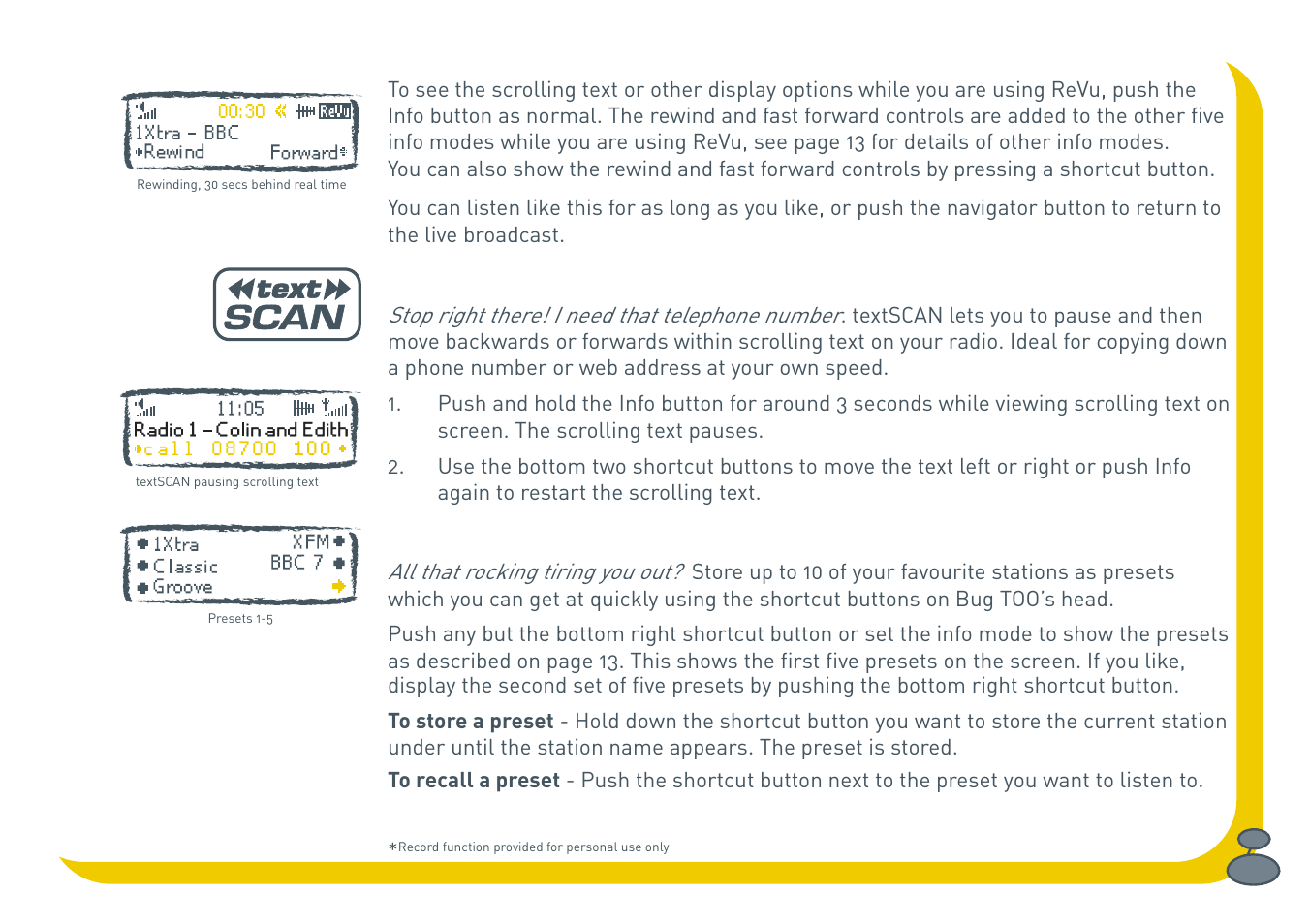 Textscan™ - pause and control scrolling text, Storing and recalling presets | Pure BUG Too User Manual | Page 19 / 44