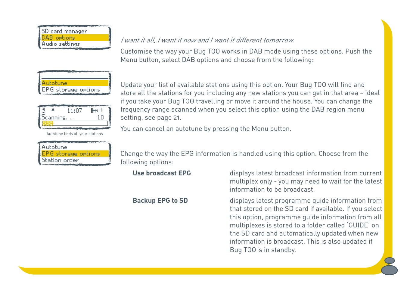 Changing dab options | Pure BUG Too User Manual | Page 21 / 44